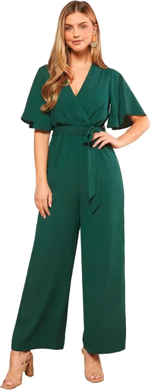 WDIRARA Women's Wide Leg Jumpsuit Wrap V Neck Butterfly Short Sleeve Tie Knot Front Elegant Jumpsuits Romper