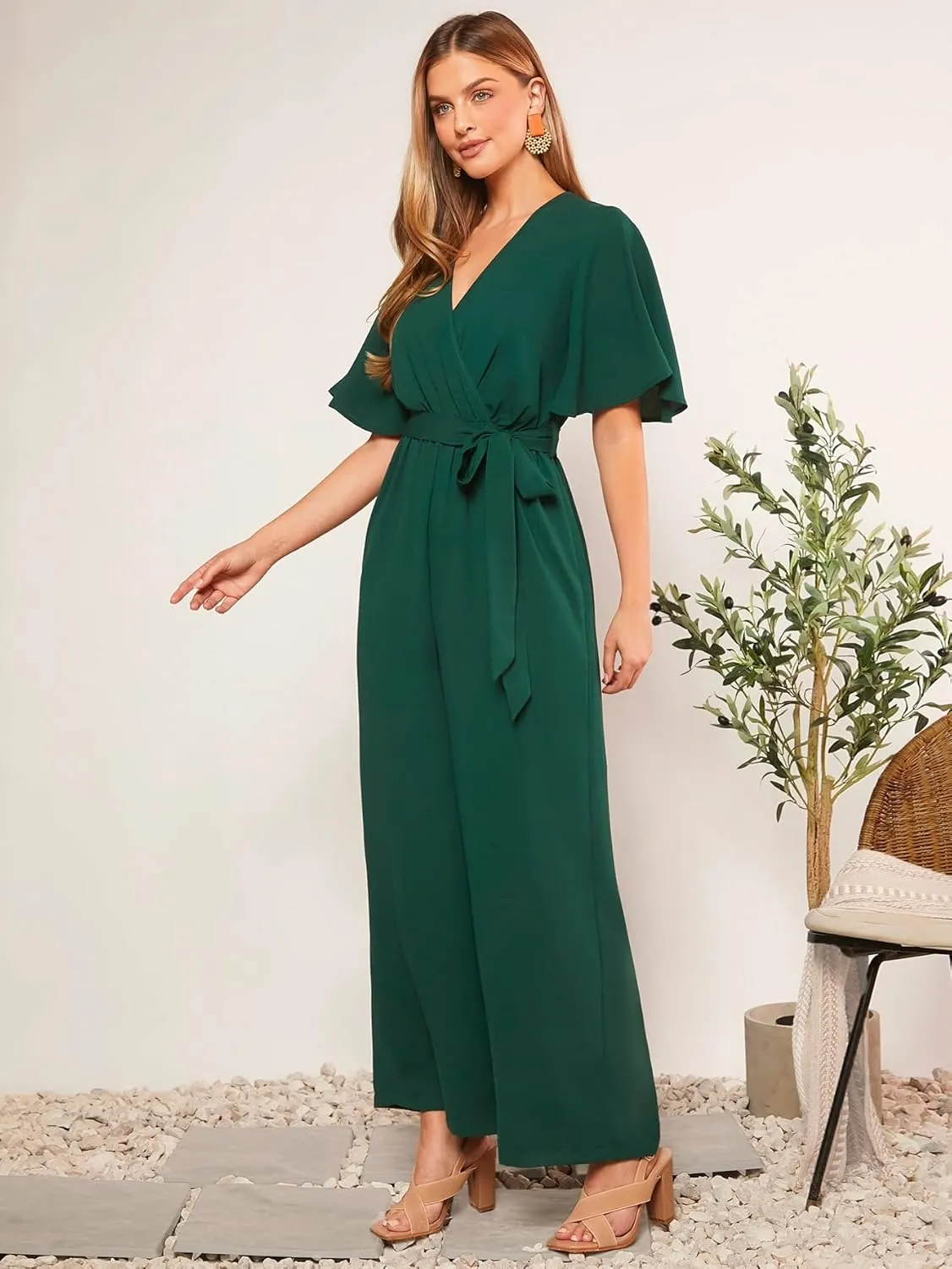 WDIRARA Women's Wide Leg Jumpsuit Wrap V Neck Butterfly Short Sleeve Tie Knot Front Elegant Jumpsuits Romper