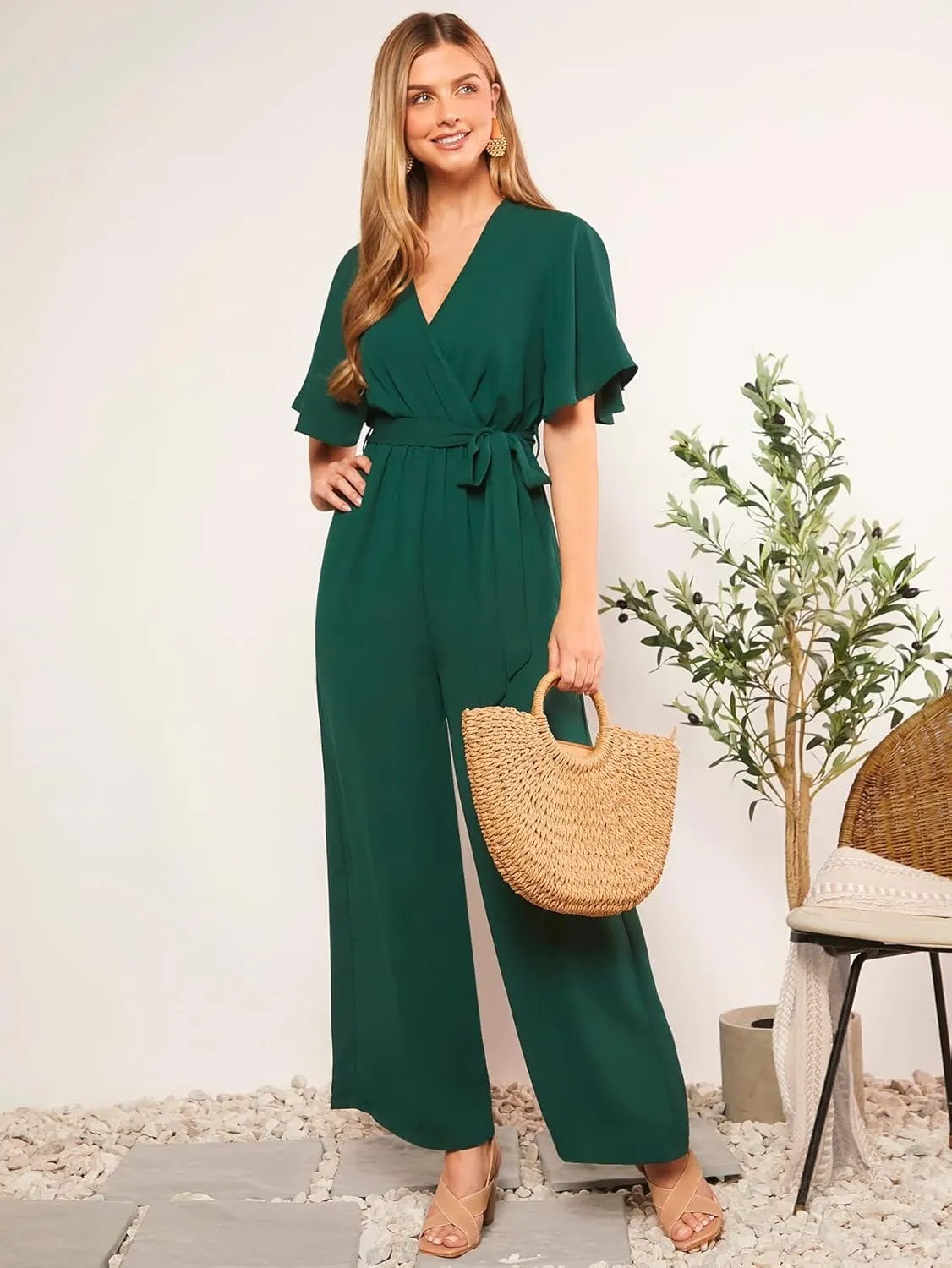 WDIRARA Women's Wide Leg Jumpsuit Wrap V Neck Butterfly Short Sleeve Tie Knot Front Elegant Jumpsuits Romper