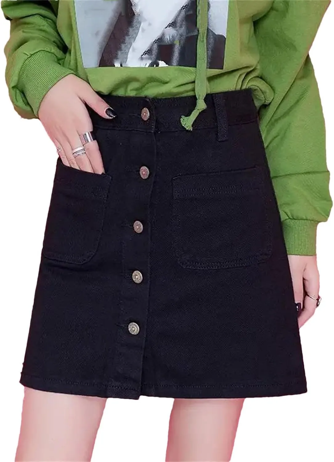 Woman Denim Skirt Vintage Harajuku Style Elegant A-Line Skirt High Waisted Casual Skirt with Pocket