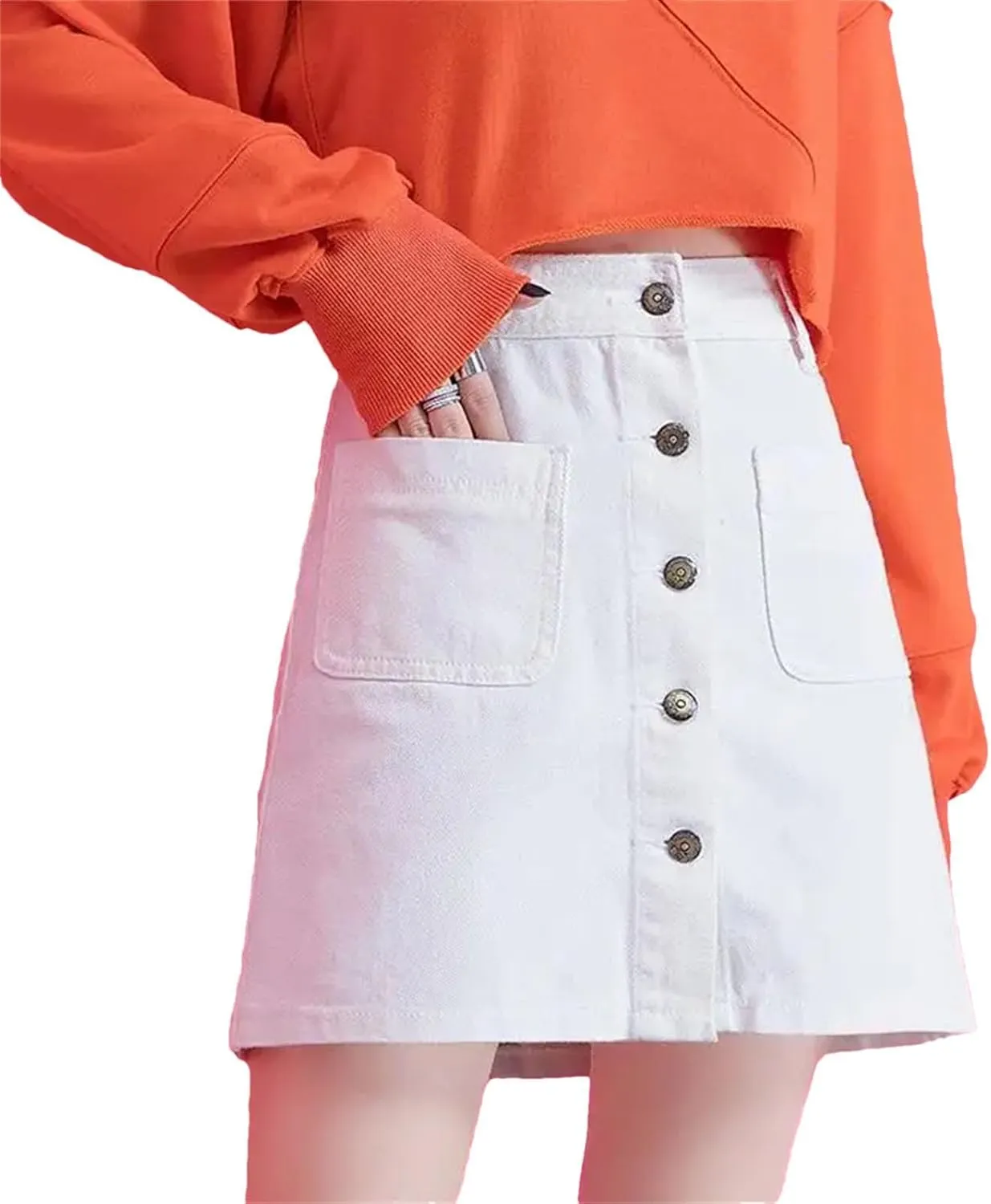 Woman Denim Skirt Vintage Harajuku Style Elegant A-Line Skirt High Waisted Casual Skirt with Pocket