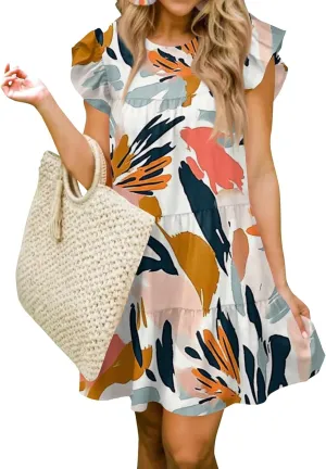 Women Babydoll Summer Casual Crew Neck Ruffle Sleeve Sleeveless Flowy Mini Short Tunic Dress Floral Print Pleated Dress1-Light Blue,X-Large