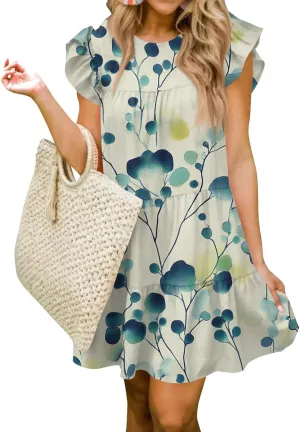 Women Babydoll Summer Casual Crew Neck Ruffle Sleeve Sleeveless Flowy Mini Short Tunic Dress Floral Print Pleated Dress2-Light Blue,Large