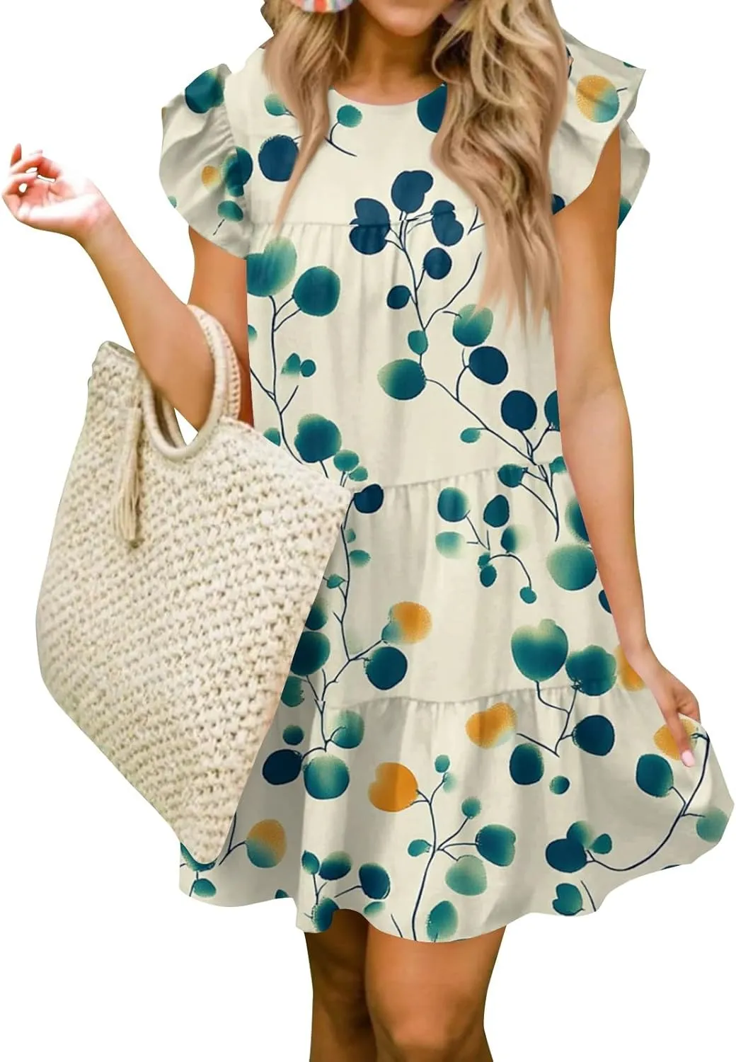Women Babydoll Summer Casual Crew Neck Ruffle Sleeve Sleeveless Flowy Mini Short Tunic Dress Floral Print Pleated Dress3-Light Blue,X-Large