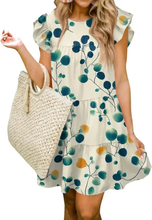 Women Babydoll Summer Casual Crew Neck Ruffle Sleeve Sleeveless Flowy Mini Short Tunic Dress Floral Print Pleated Dress3-Light Blue,X-Large