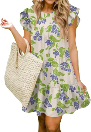 Women Babydoll Summer Casual Crew Neck Ruffle Sleeve Sleeveless Flowy Mini Short Tunic Dress Floral Print Pleated Dress3-Light Green,XX-Large