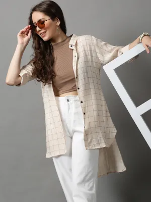 Women Beige Checked Longline Shirt