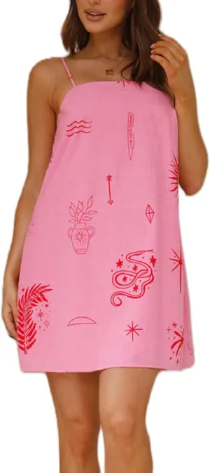 Women Boho Graphic Mini Cami Dress Spaghetti Strap Floral Short Dress Flowy Backless Sling Dress Summer Sundress