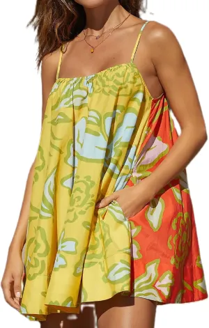 Women Boho Graphic Mini Cami Dress Spaghetti Strap Floral Short Dress Flowy Backless Sling Dress Summer Sundress