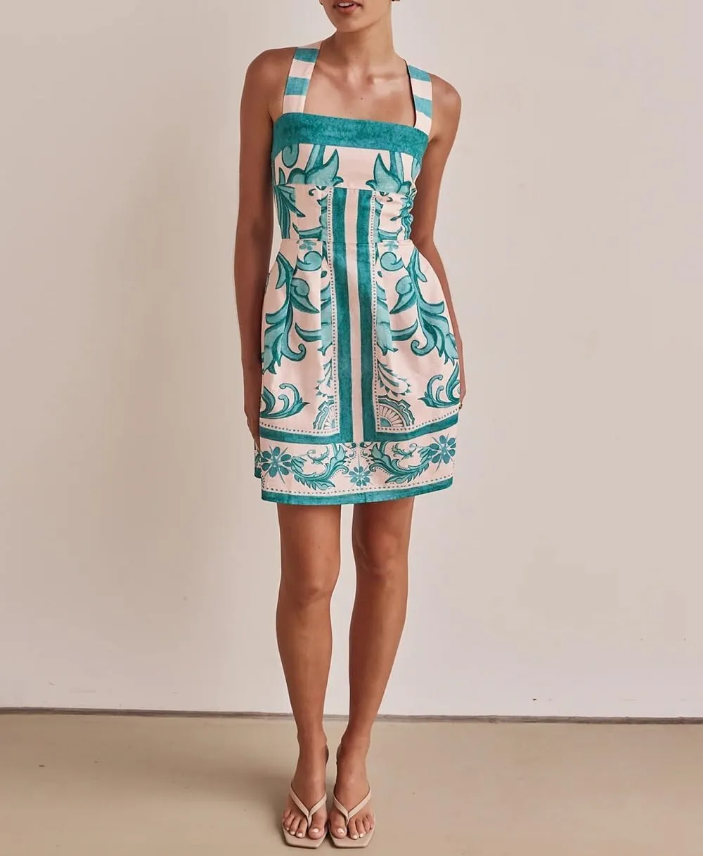 Women Boho Graphic Mini Dress Spaghetti Strap A Line Dress Graffiti Halter Dresses Colorful Summer Sundress