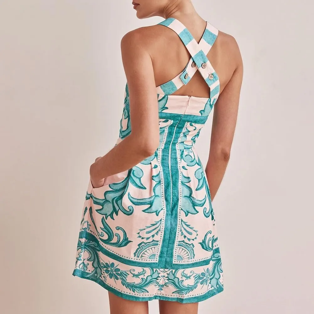 Women Boho Graphic Mini Dress Spaghetti Strap A Line Dress Graffiti Halter Dresses Colorful Summer Sundress