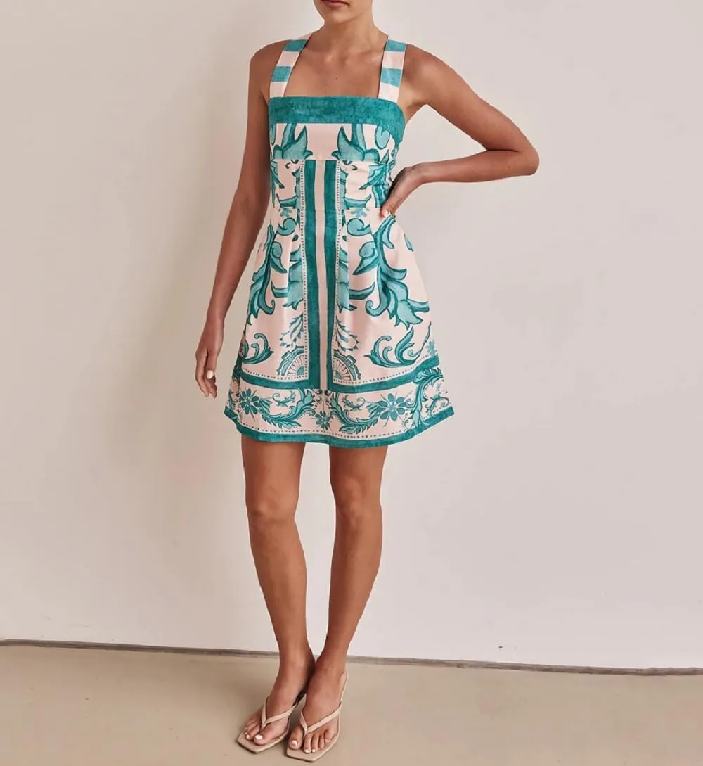 Women Boho Graphic Mini Dress Spaghetti Strap A Line Dress Graffiti Halter Dresses Colorful Summer Sundress