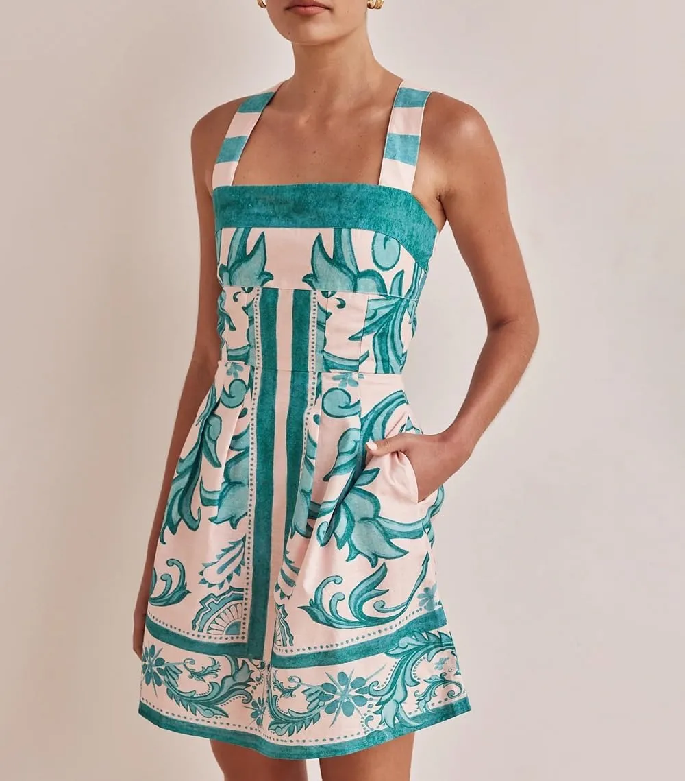 Women Boho Graphic Mini Dress Spaghetti Strap A Line Dress Graffiti Halter Dresses Colorful Summer Sundress
