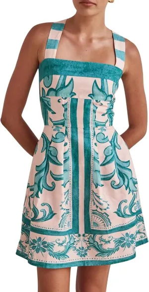 Women Boho Graphic Mini Dress Spaghetti Strap A Line Dress Graffiti Halter Dresses Colorful Summer Sundress