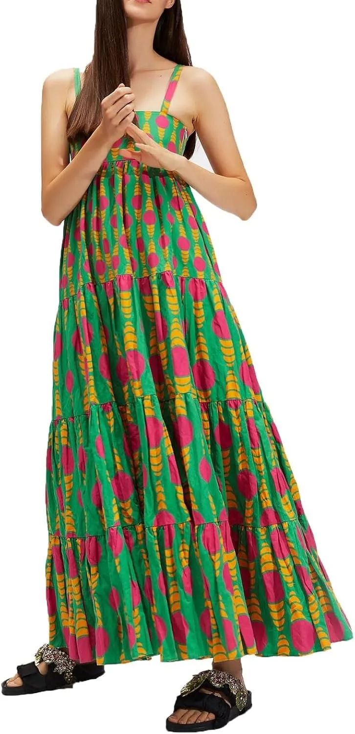 Women Boho Maxi Cami Dress Graphic Spaghetti Strap Long Dress Floral Backless Flowy Sundress Summer Beach Dress