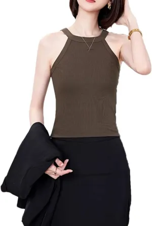 Women Crew Neck Cropped Tank Top Summer Sleeveless Knitted Camisole Vacation Beach Vest