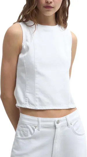 Women Denim Sleeveless Tank Tops Backless Tie Up Back Crew Neck Fitted Vest Summer Fashion Party Club Jean Top