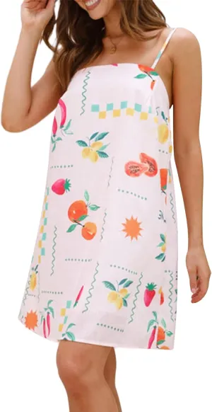 Women Graphic Mini Cami Dress Spaghetti Strap Floral Boho Short Dress Flowy Sundress Summer Holiday Beach Dress