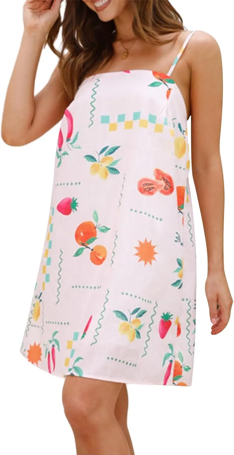 Women Graphic Mini Cami Dress Spaghetti Strap Floral Boho Short Dress Flowy Sundress Summer Holiday Beach Dress