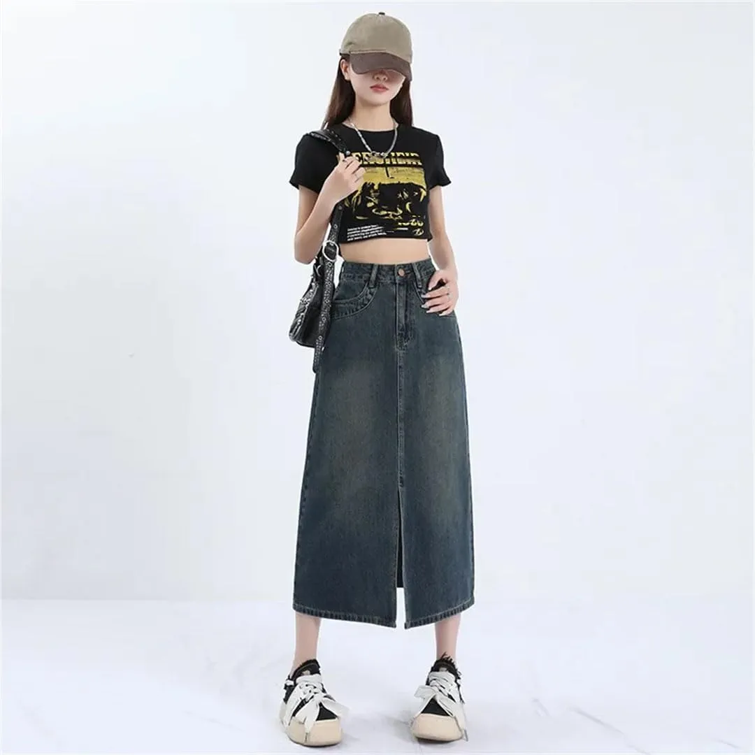 Women High-Waisted Light Denim Skirt Loose-Fit Slimming Medium-Length Skirt