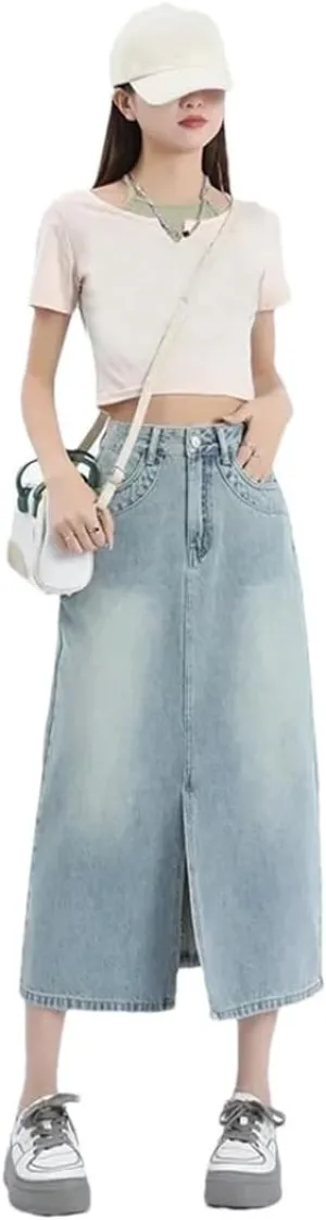 Women High-Waisted Light Denim Skirt Loose-Fit Slimming Medium-Length Skirt