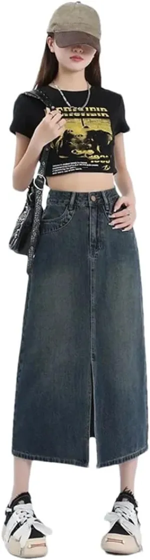 Women High-Waisted Light Denim Skirt Loose-Fit Slimming Medium-Length Skirt