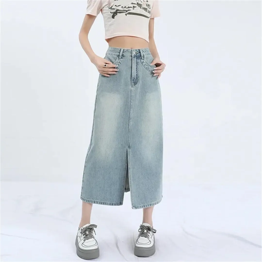 Women High-Waisted Light Denim Skirt Loose-Fit Slimming Medium-Length Skirt