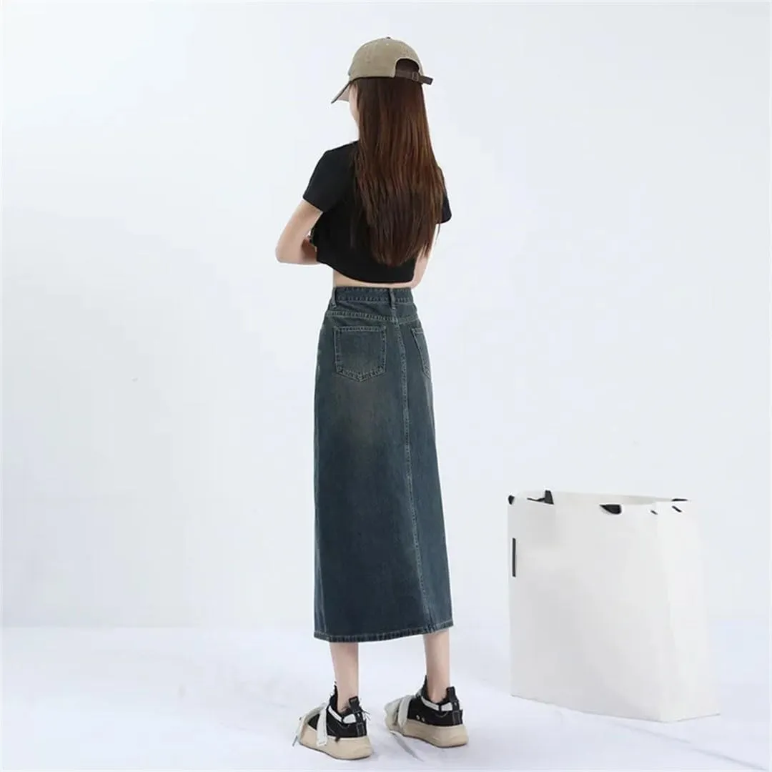 Women High-Waisted Light Denim Skirt Loose-Fit Slimming Medium-Length Skirt