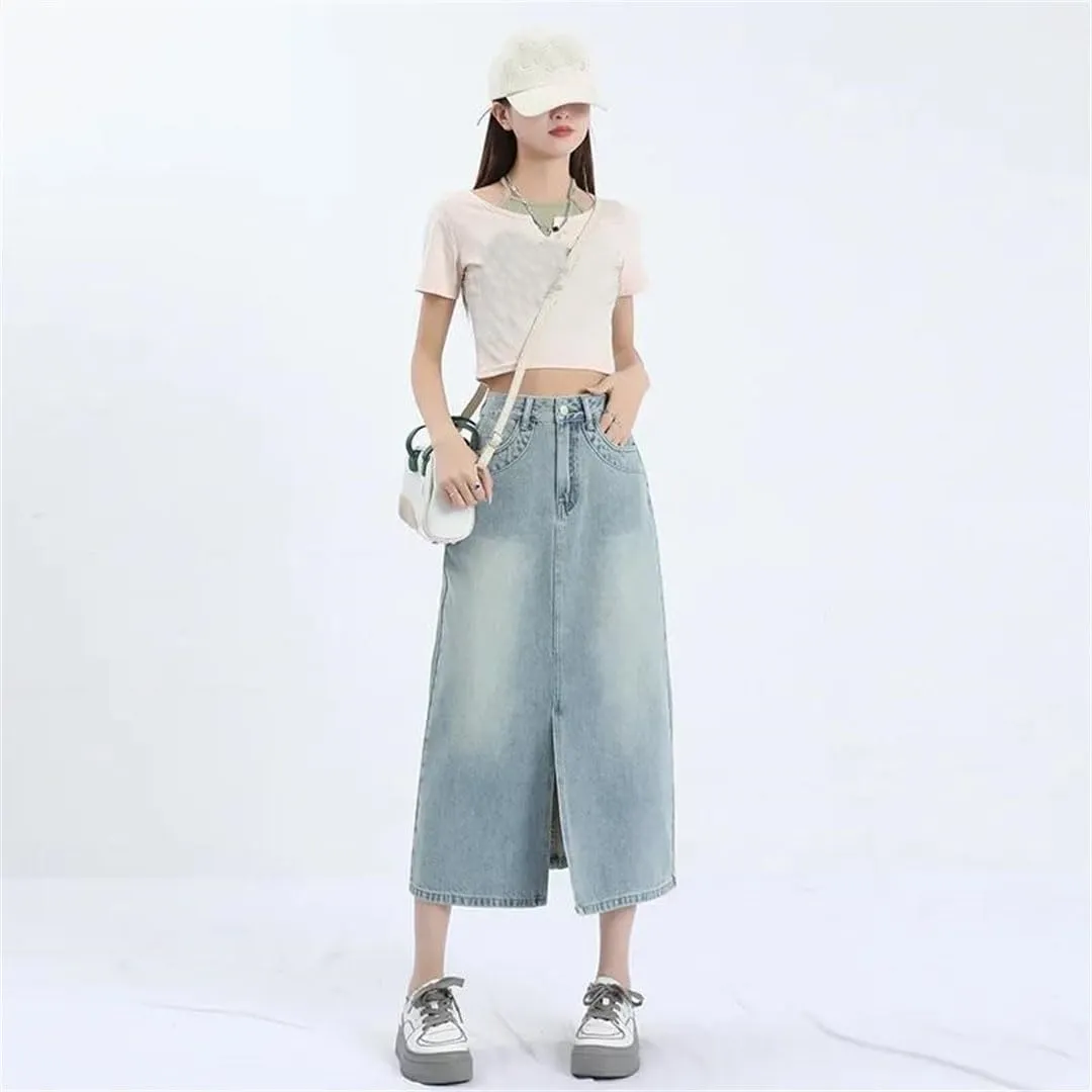 Women High-Waisted Light Denim Skirt Loose-Fit Slimming Medium-Length Skirt