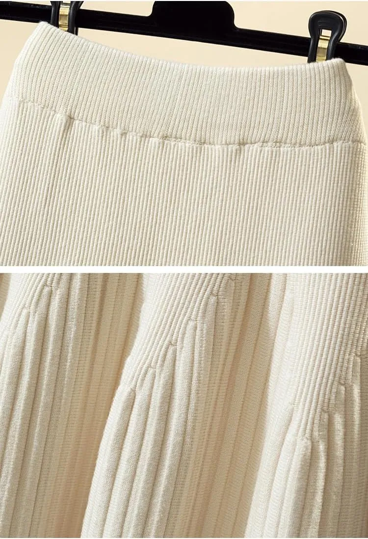 Women Knitted Midi Long Skirt Autumn Winter A Line High Waist Pleated Mid-Length Skirt Female
