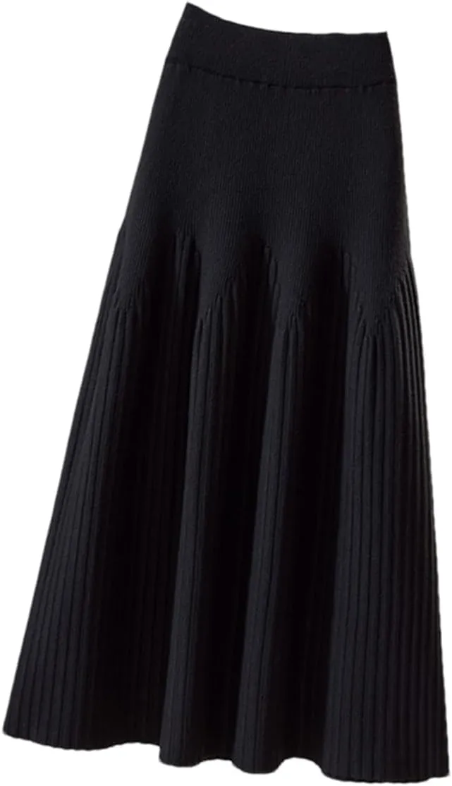 Women Knitted Midi Long Skirt Autumn Winter A Line High Waist Pleated Mid-Length Skirt Female