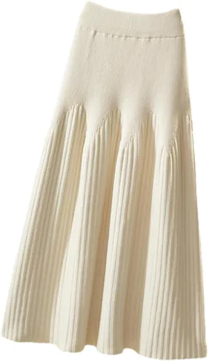Women Knitted Midi Long Skirt Autumn Winter A Line High Waist Pleated Mid-Length Skirt Female