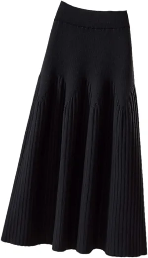 Women Knitted Midi Long Skirt Autumn Winter A Line High Waist Pleated Mid-Length Skirt Female