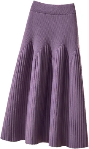 Women Knitted Midi Long Skirt Autumn Winter A Line High Waist Pleated Mid-Length Skirt Female