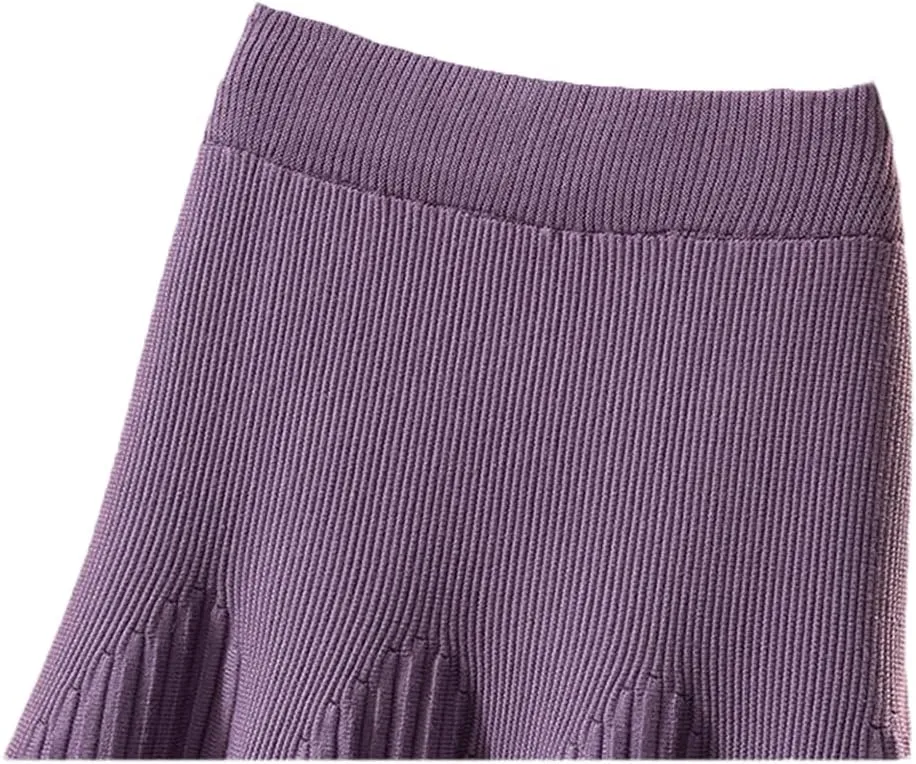 Women Knitted Midi Long Skirt Autumn Winter A Line High Waist Pleated Mid-Length Skirt Female