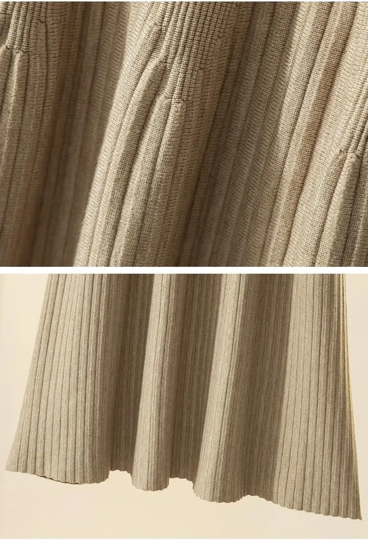 Women Knitted Midi Long Skirt Autumn Winter A Line High Waist Pleated Mid-Length Skirt Female