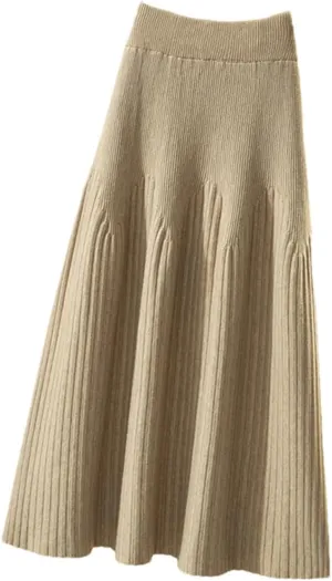 Women Knitted Midi Long Skirt Autumn Winter A Line High Waist Pleated Mid-Length Skirt Female