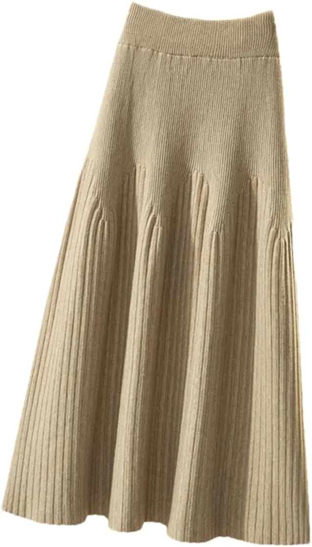 Women Knitted Midi Long Skirt Autumn Winter A Line High Waist Pleated Mid-Length Skirt Female