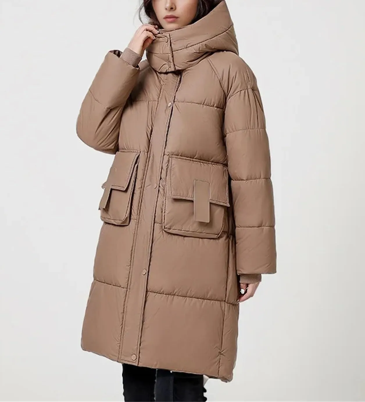 Women Medium Long Large Pocket Parka Coat Vintage Hooded Thick Cotton-Padded Jacket