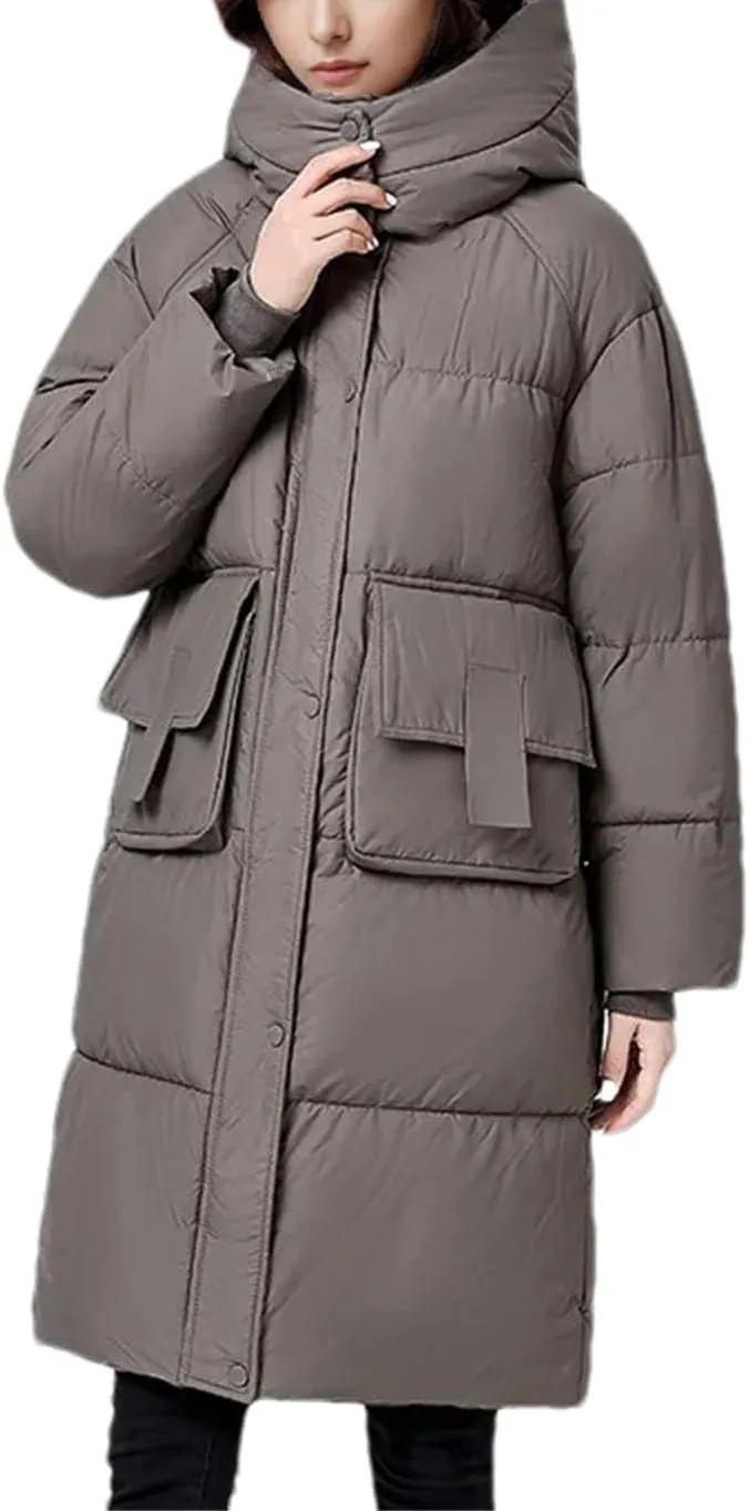 Women Medium Long Large Pocket Parka Coat Vintage Hooded Thick Cotton-Padded Jacket