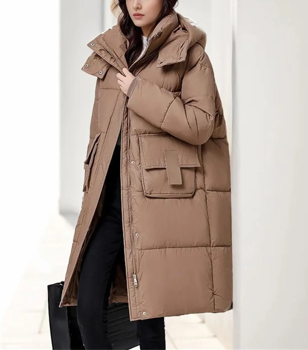 Women Medium Long Large Pocket Parka Coat Vintage Hooded Thick Cotton-Padded Jacket