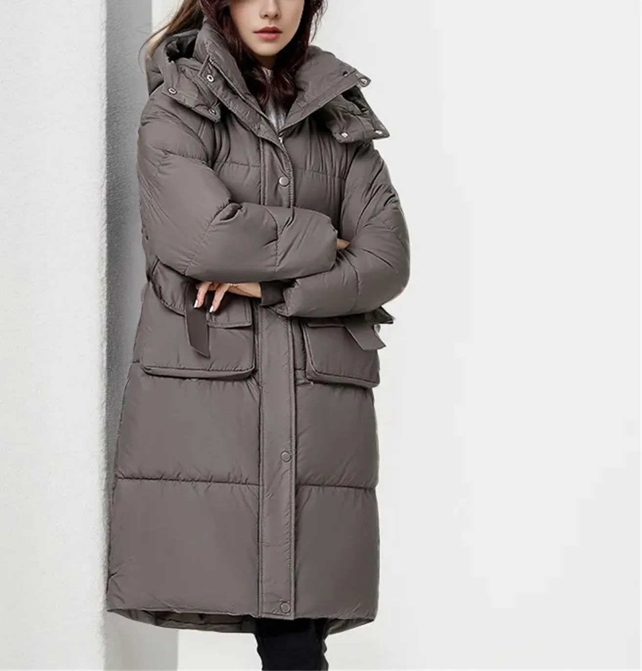 Women Medium Long Large Pocket Parka Coat Vintage Hooded Thick Cotton-Padded Jacket
