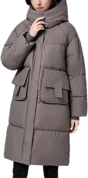 Women Medium Long Large Pocket Parka Coat Vintage Hooded Thick Cotton-Padded Jacket