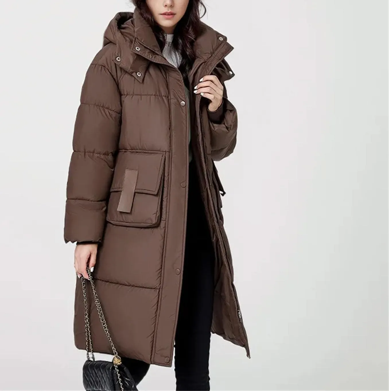 Women Medium Long Large Pocket Parka Coat Vintage Hooded Thick Cotton-Padded Jacket