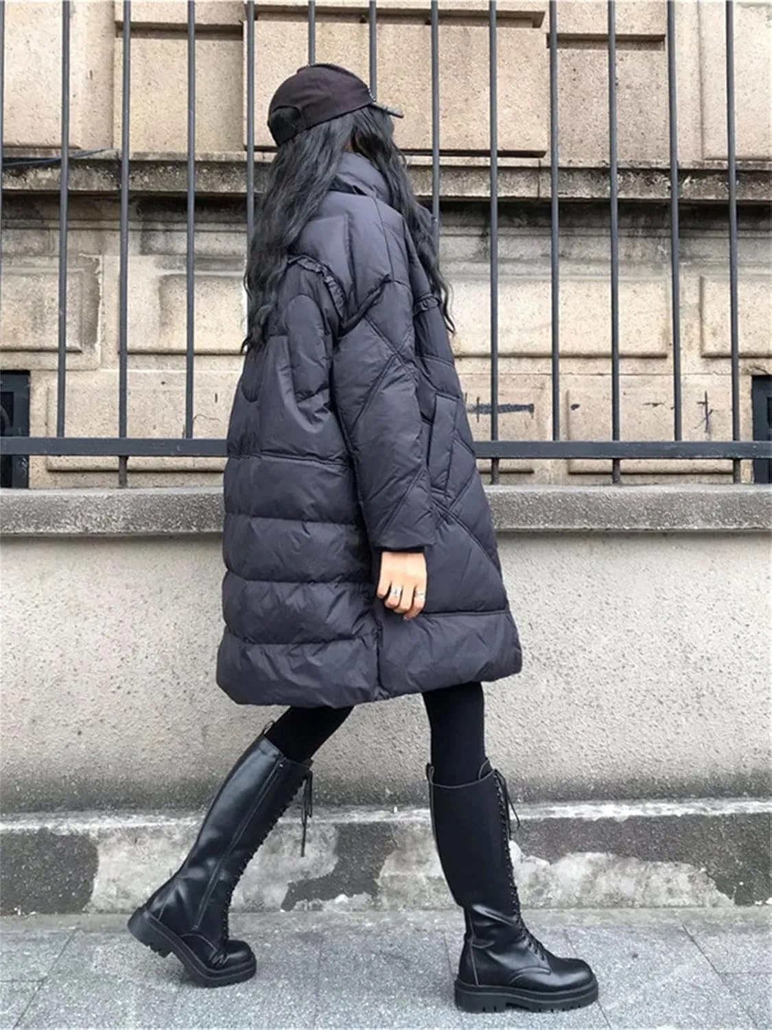 Women Medium Long Zipper Oversized Parka Coat Lapel Patchwork Stripe Cotton-Padded Jacket