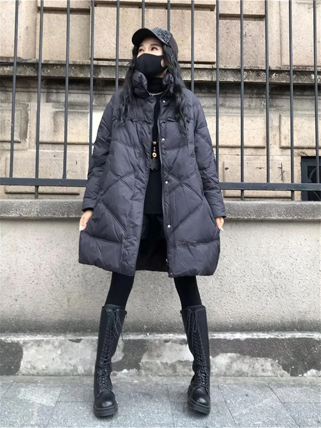 Women Medium Long Zipper Oversized Parka Coat Lapel Patchwork Stripe Cotton-Padded Jacket