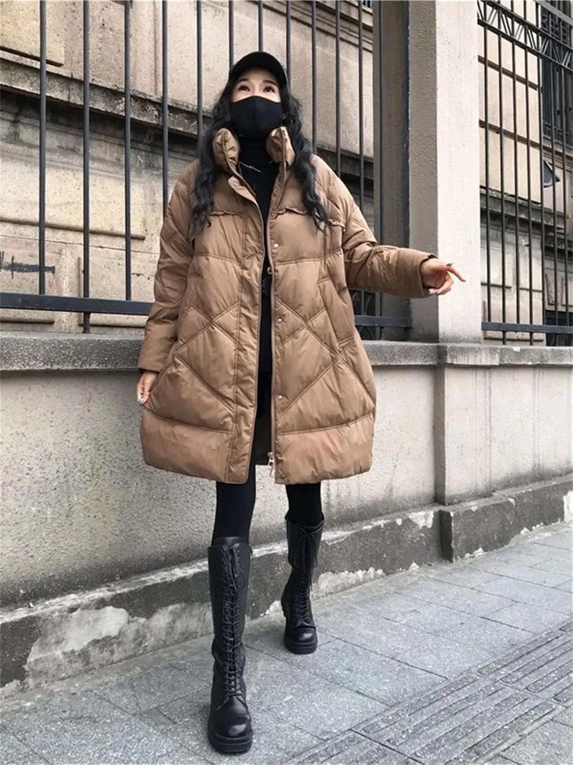 Women Medium Long Zipper Oversized Parka Coat Lapel Patchwork Stripe Cotton-Padded Jacket