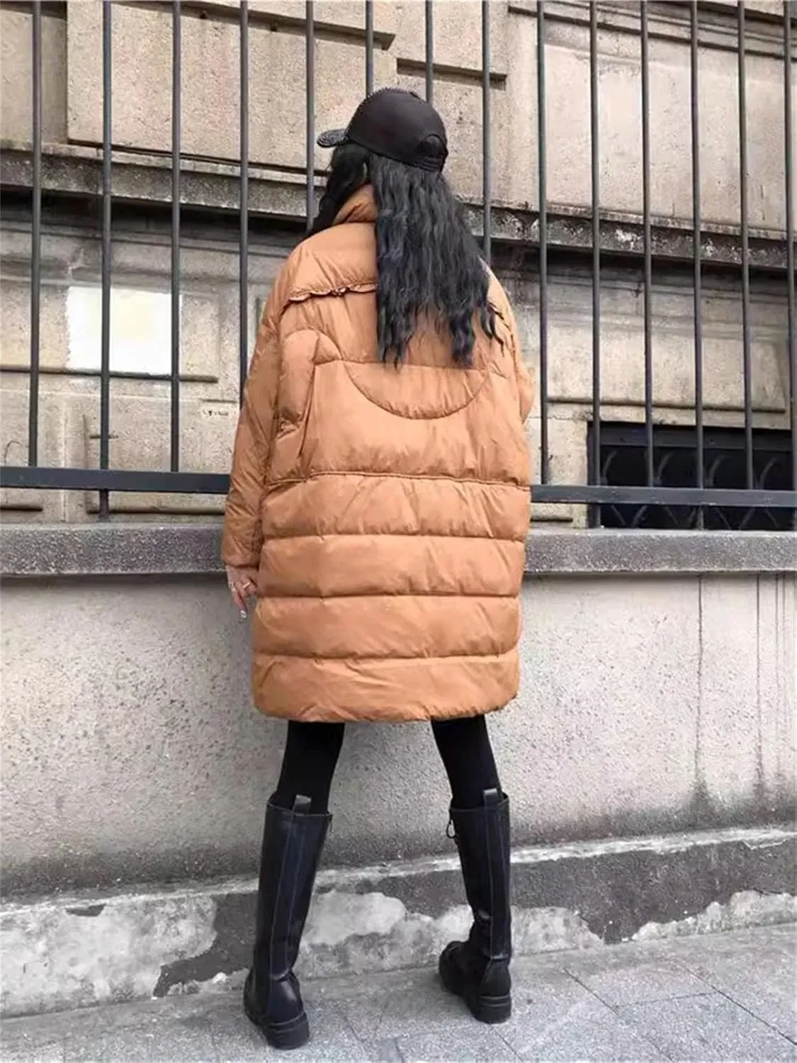 Women Medium Long Zipper Oversized Parka Coat Lapel Patchwork Stripe Cotton-Padded Jacket
