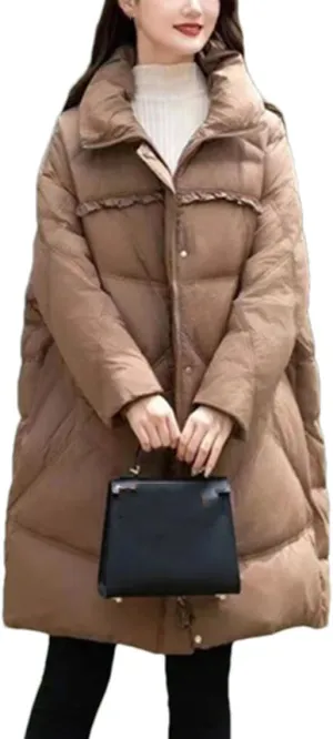 Women Medium Long Zipper Oversized Parka Coat Lapel Patchwork Stripe Cotton-Padded Jacket