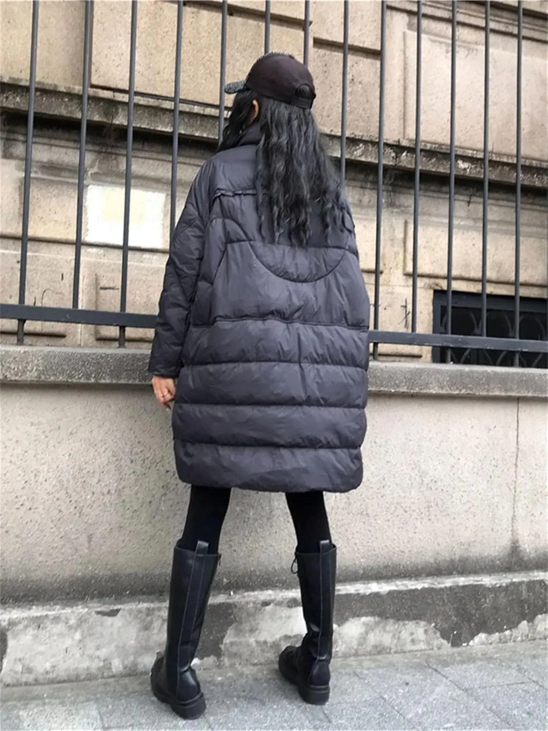 Women Medium Long Zipper Oversized Parka Coat Lapel Patchwork Stripe Cotton-Padded Jacket